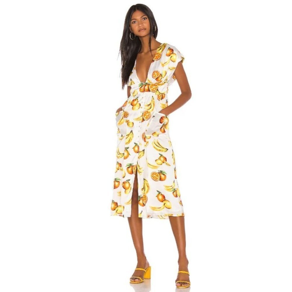 Song of Style Sia Midi Dress in White Fruit Small New Womens Satin Cocktail